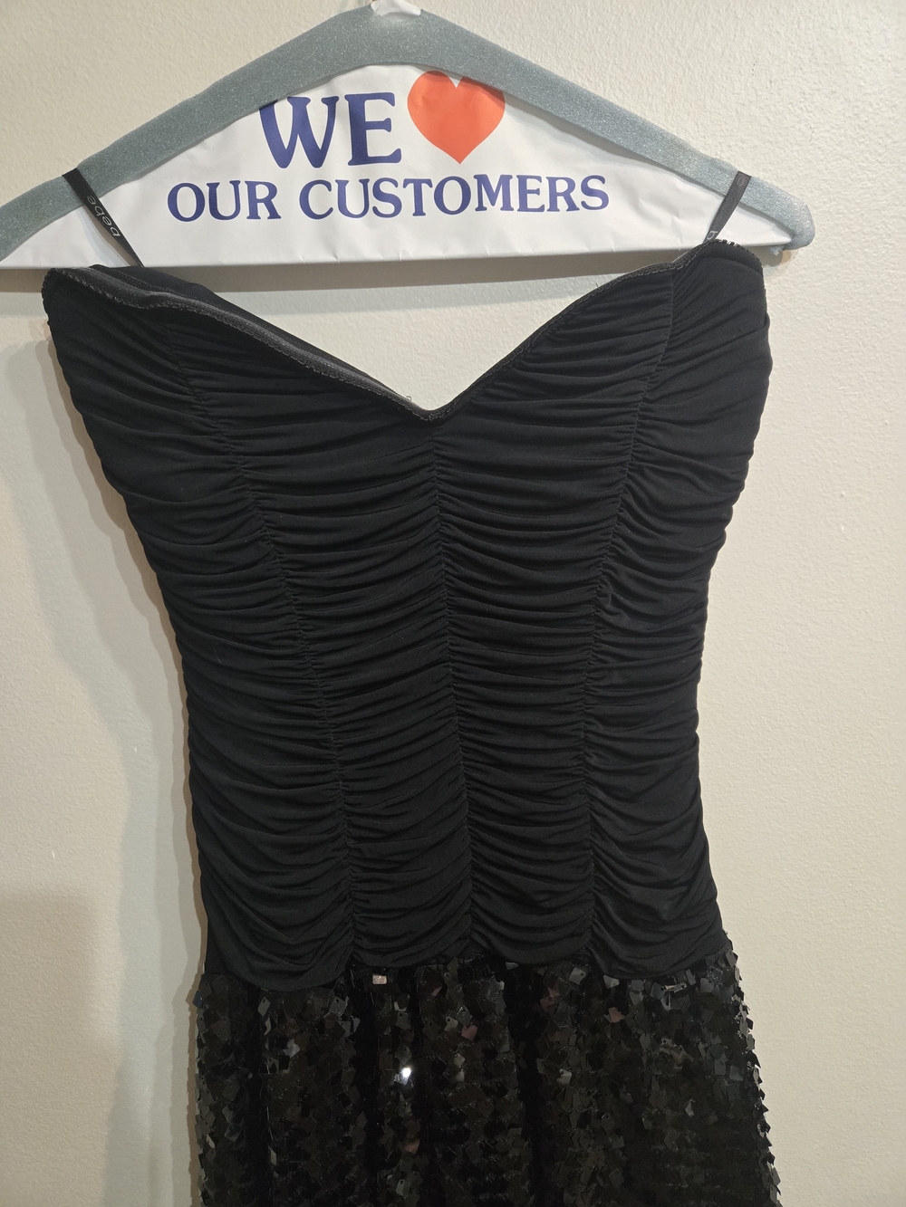 Bebe Black Strapless Ruched Bodice Sequin Skirt Dress Sz Medium - Picture 2 of 8